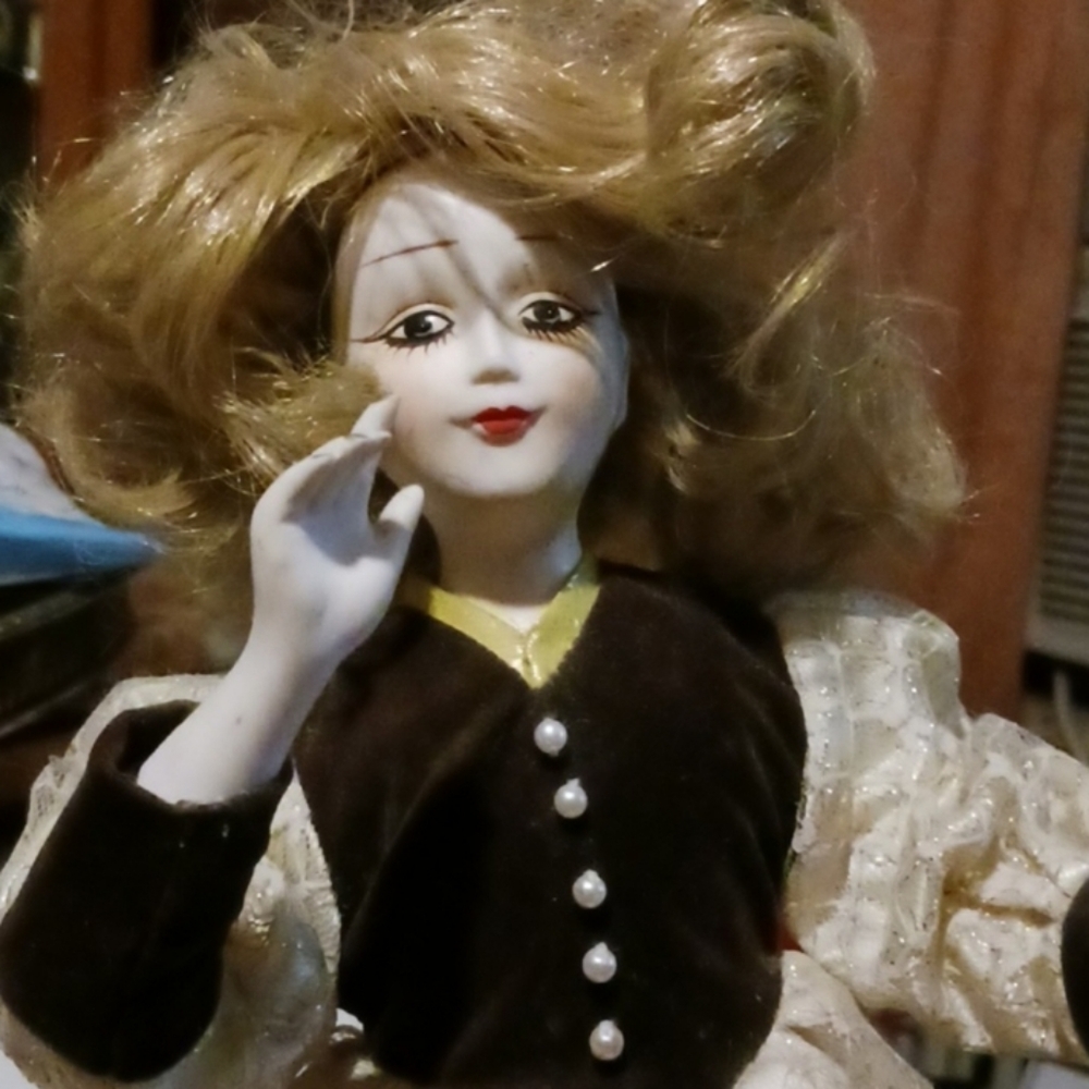 Vintage doll with stand (flash changed lighting dress true color in pic 3)